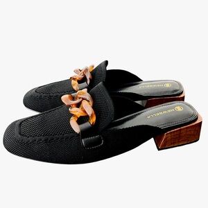 NEWBELLA Mousse FIT Commute Mules Sandals Black Amber Chain Knit Preppy Like New